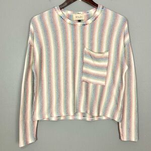 BNDI Rainbow Stripe Knit Sweater Women’s Size S Long Sleeves Fringe Pocket Pride